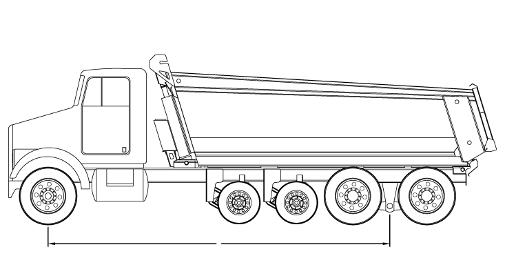 Bridge law example: quad-axle dump truck with 250 inch wheelbase and 62,500 lbs GVW